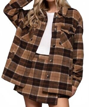 NEW 42POPS faux fur brushed plaid jacket in khaki/brown